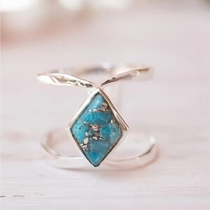 Boho Turquoise Ring | Silver Tone Open Band | Southwestern Western Style